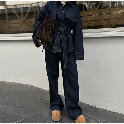 Ensemble en Denim veste en jean ceinturée et pantalon droit