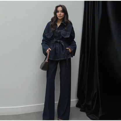 Ensemble en Denim veste en jean ceinturée et pantalon droit